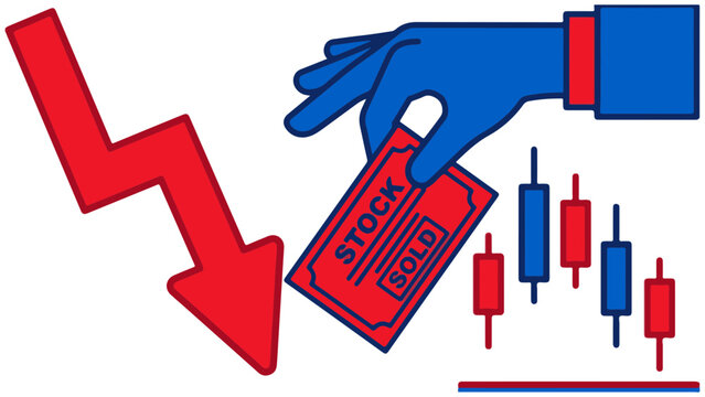 Red downward arrow showing falling market prices with sold stocks