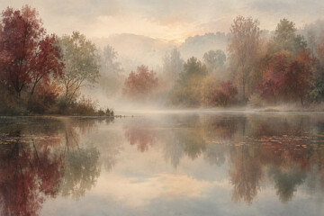 Obraz premium Muted autumn woodland reflected in a misty lake
