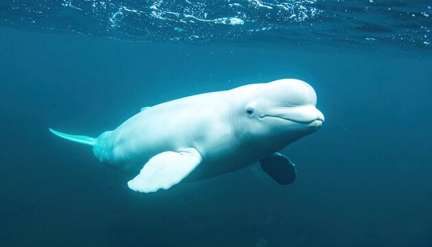 White beluga whale swimming in profile, detailed marine mammal anatomy and ocean wildlife