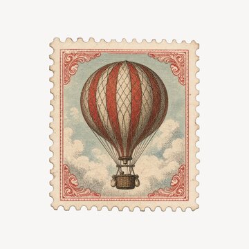 A beautiful vintage-style postage stamp featuring a red and white striped hot air balloon
