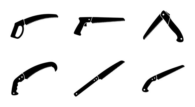 Black hand saws icons, tools for carpentry and woodworking, graphic