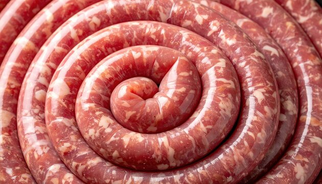 Raw pork sausages arranged in a spiral, detailed meat texture and natural marbling
