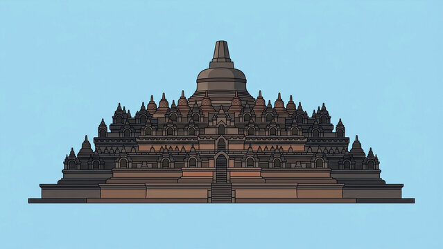 Borobudur Temple Monument in Central Java Indonesia - Flat Vector Illustration
