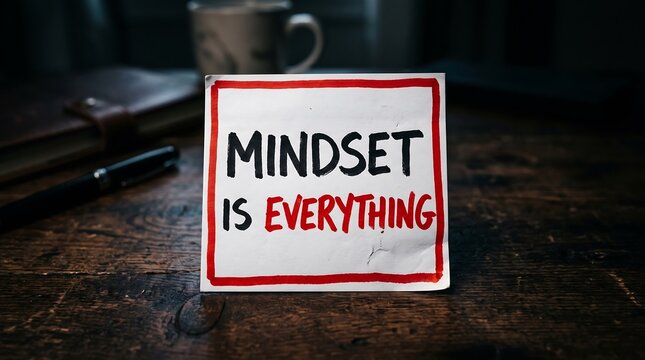 Handwritten sign that says mindset is everything on a table