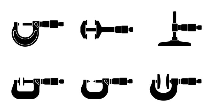 Black micrometer icons, scientific measurement tools set