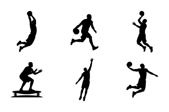 Black basketball player silhouettes in action, jumping and dribbling