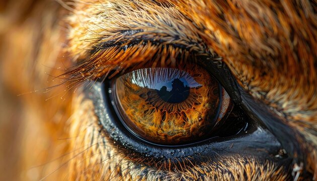 Close-up brown animal eye with reflective gaze and detailed fur texture