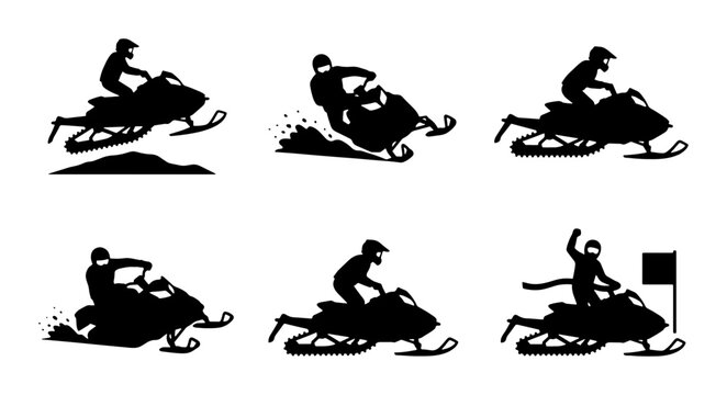 Black snowmobile rider silhouettes in action, winter sport design