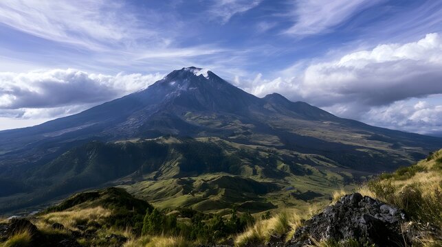 A majestic mountain peak rises above rolling green hills under a dramatic sky with scattered clouds