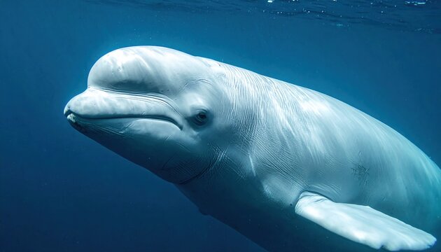 White beluga whale swimming in profile, detailed marine mammal anatomy and ocean wildlife