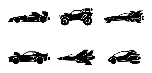 Fototapeta premium Black transport silhouettes, automotive and aircraft icons, graphic