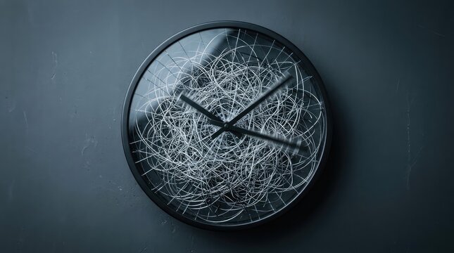 Modern black wall clock featuring a shattered glass surface with abstract metallic lines creating a chaotic and complex visual effect