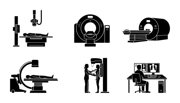 Black medical diagnostic equipment icons, radiology and scanning