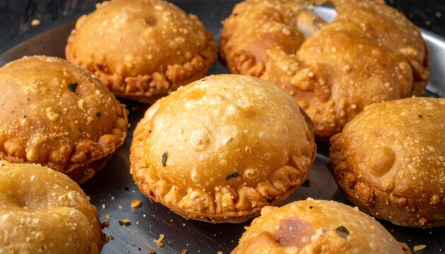 Dark golden brown fried kachori with flaky puff pastry texture for Indian snacks and traditional breakfast cuisine