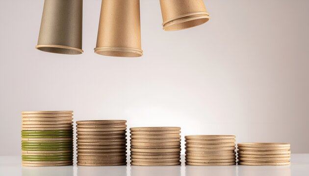 Financial growth concept showing a row of stacked coins increasing in height under a modern ceiling lamp symbolizing wealth accumulation and savings increases for business success