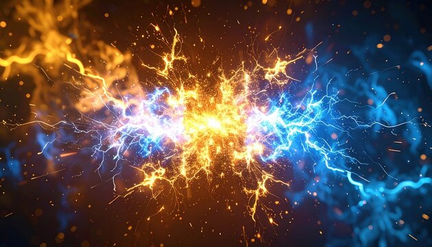 Dynamic explosion of golden and blue electric sparks, energetic industrial and action visual effect