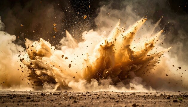 Dynamic dust explosion with flying debris and dramatic motion effect