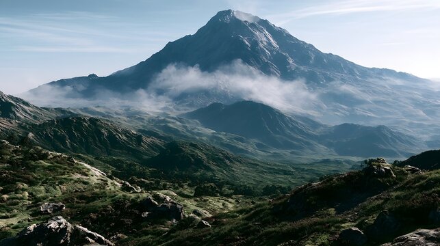 A majestic mountain peak rises above rolling green hills under a clear blue sky with wispy clouds drifting around its slopes
