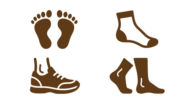 Brown flat set showing a pair of human footprints, a single sock, a running shoe, and a pair of feet with socks on a white background