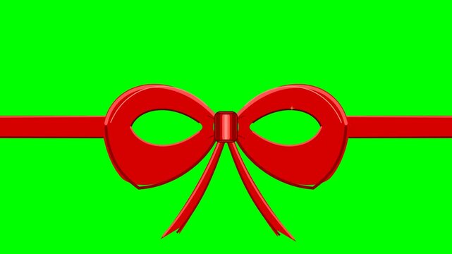 A dynamic 2D vector animation of a large crimson red festive gift ribbon tying itself automatically. Features realistic tension and elastic recoil physics as the ribbon snaps into a large Christmas bo