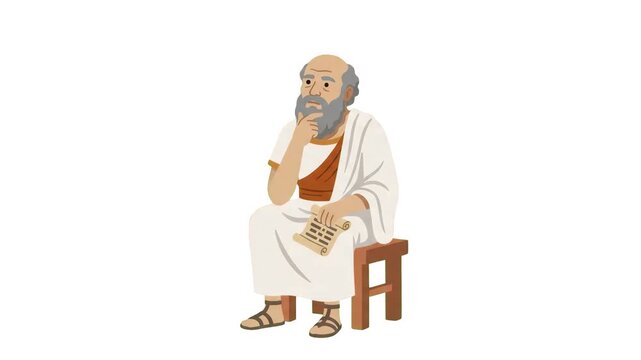 A 2D animated ancient philosopher wearing a traditional white toga sits thoughtfully holding a parchment scroll on a white background. Great for educational publishing, historical storytelling, web de