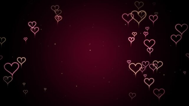 Floating glowing outline hearts border with copy space on dark red romantic background
