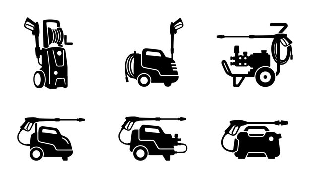 Black pressure washer icons, cleaning equipment set, graphic design