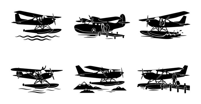 Black floatplanes and water landing scenes, silhouette graphics