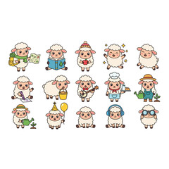 Fototapeta premium Colorful cartoon characters representing different professions and activities.