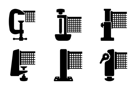 Black C-clamps and bench vises icons, industrial tools, graphic design