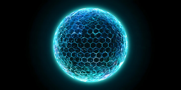 A glowing, holographic sphere shield featuring a hexagonal digital pattern and a glassy effect, rendered against a clear background. Suitable for cybersecurity or data protection. Vector illustration.