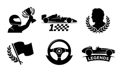 Fototapeta premium Black racing icons set, formula 1 car and driver trophy, steering