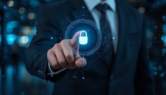 Professional businessman touching glowing digital padlock icon on holographic interface to secure sensitive corporate data within modern high tech environment