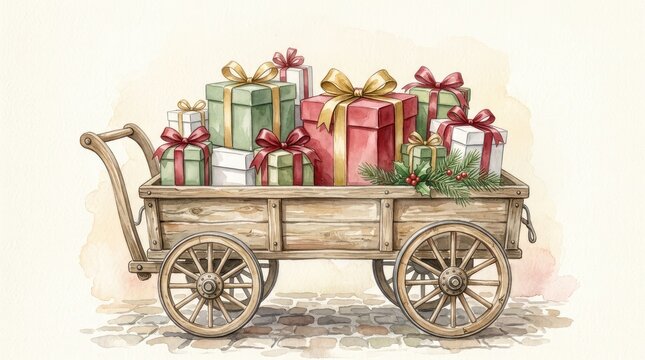 Wooden handcart filled with vibrant holiday gift boxes wrapped in festive paper ribbons sitting on a rustic stone path background