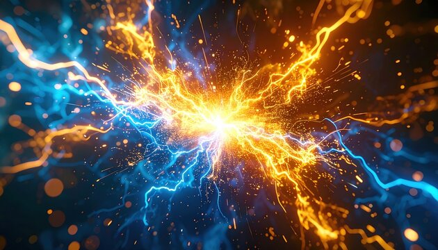 Dynamic explosion of golden and blue electric sparks, energetic industrial and action visual effect