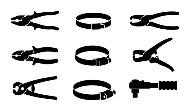 Black silhouette set of pliers, hose clamps and ratchet wrench