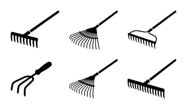 Black garden rakes and cultivator icons, tool set, graphic symbols
