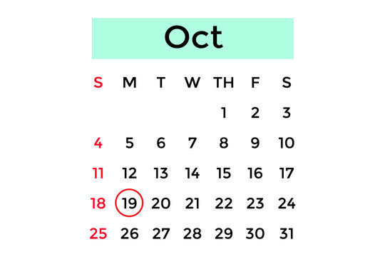Simple pastel green calendar for October 19, 2026, on a white background.