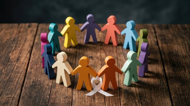 Colorful wooden figurines arranged in a circle surrounding a small white awareness ribbon placed on rustic dark wooden table surfaces