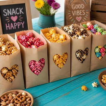 Colorful gourmet popcorn in decorative heart paper bags.