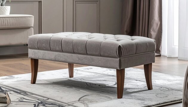 Tufted ottoman with wooden legs in an elegant contemporary interior