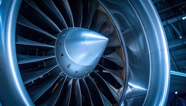 Aircraft jet engine with detailed fan blades, professional aerospace engineering photography