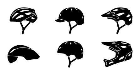 Fototapeta premium Black silhouette bicycle helmets collection, safety gear icons for