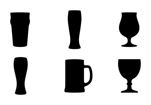 Black silhouette beer glasses collection, different shapes, graphic
