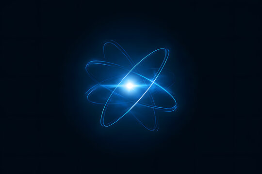 Abstract atomic structure concept for a scientific research presentation. Futuristic glowing atom featuring blue elliptical rings circling a radiant central core on a black background. Vector illustra