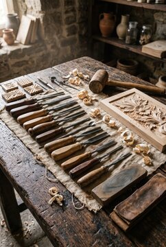 Woodcarving chisels beside carved floral panel on workshop bench