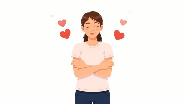 Vector illustration of a woman hugging herself representing self love and acceptance
