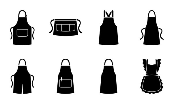 Black silhouette apron icons, kitchen wear and cooking accessories