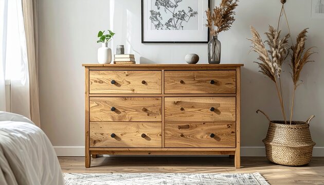 Wooden dresser with six drawers and natural finish in a stylish bedroom