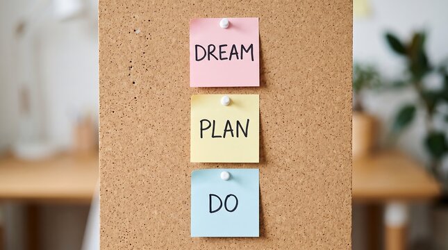 Sticky notes with dream plan do text on a cork board